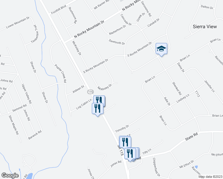 map of restaurants, bars, coffee shops, grocery stores, and more near 107 McKinley Cir in Effort