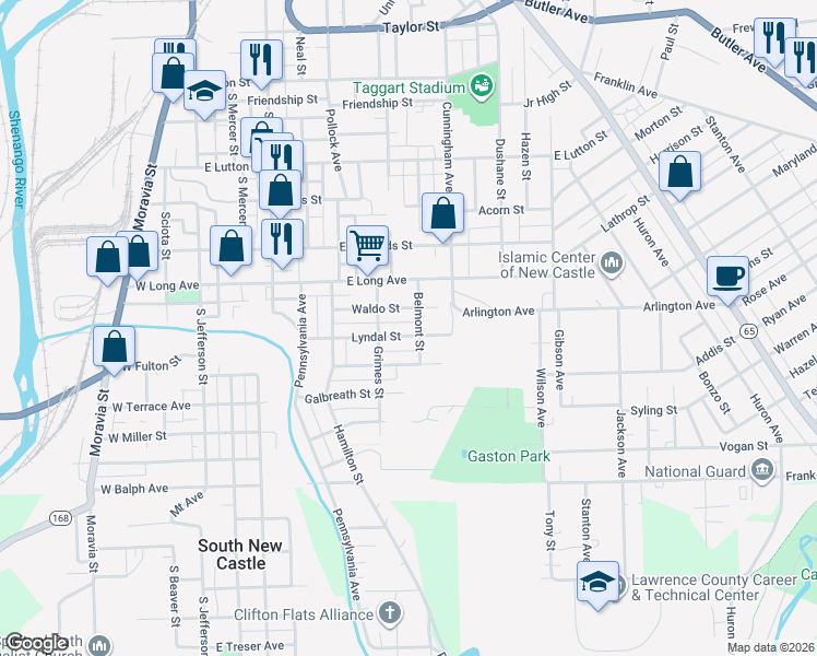 map of restaurants, bars, coffee shops, grocery stores, and more near 515 Lyndal Street in New Castle