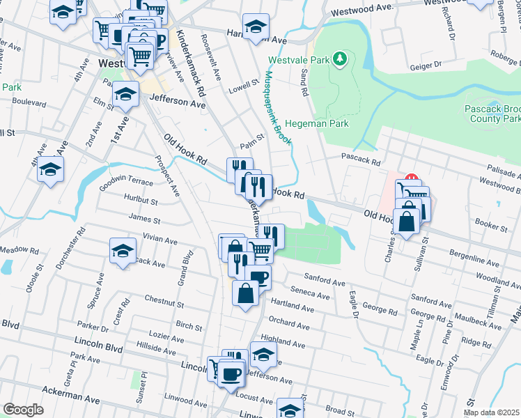 map of restaurants, bars, coffee shops, grocery stores, and more near 80 Kingsberry Avenue in Westwood