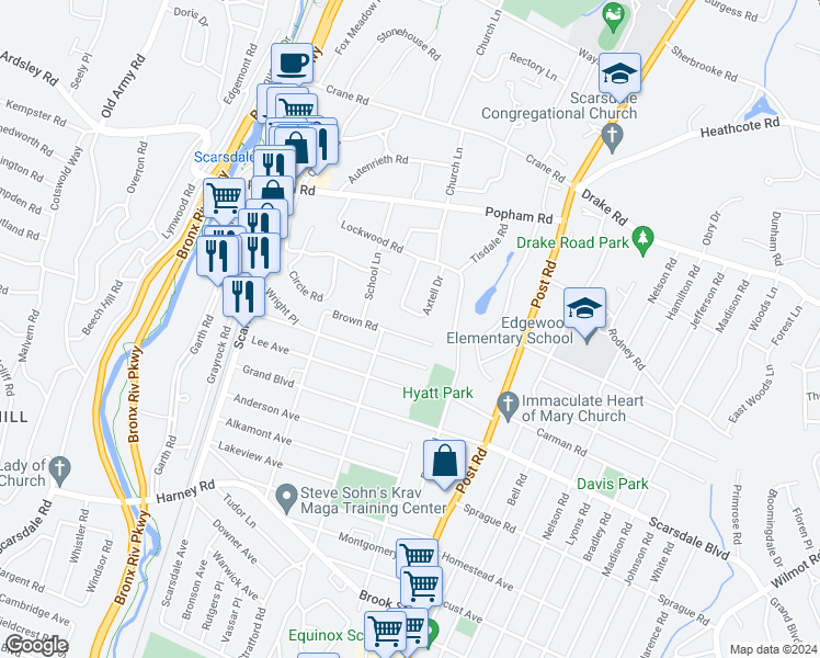 map of restaurants, bars, coffee shops, grocery stores, and more near 117 Brown Road in Scarsdale