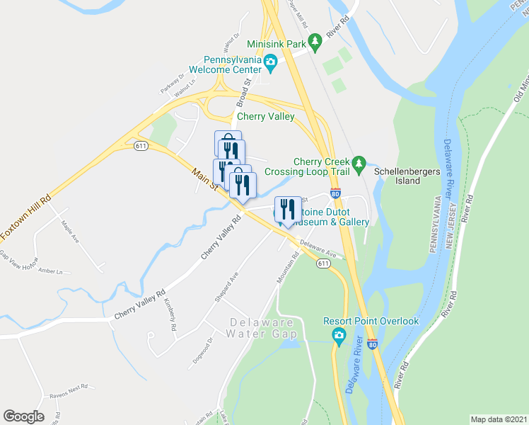 map of restaurants, bars, coffee shops, grocery stores, and more near 62 Pennsylvania 611 in Delaware Water Gap
