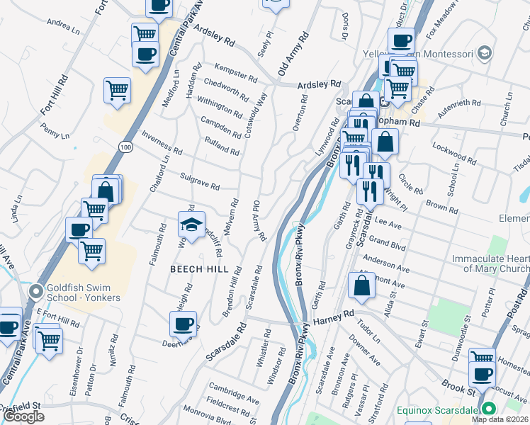 map of restaurants, bars, coffee shops, grocery stores, and more near 41 Greenville Road in Yonkers