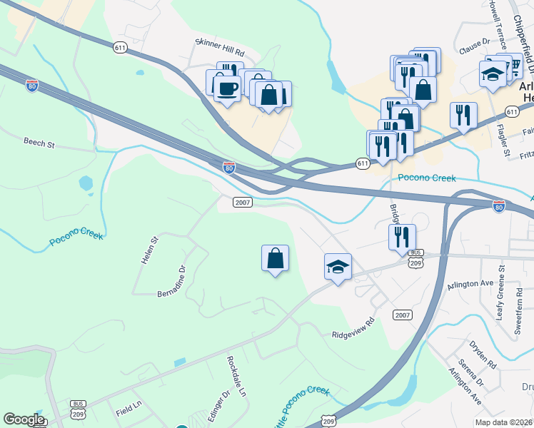 map of restaurants, bars, coffee shops, grocery stores, and more near 2024 Tanite Road in Stroudsburg