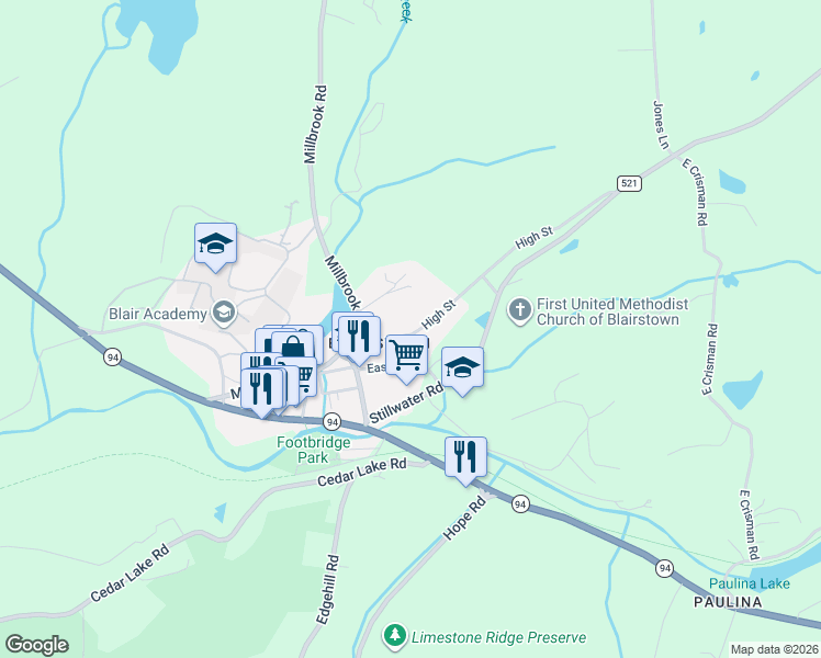 map of restaurants, bars, coffee shops, grocery stores, and more near 32 High Street in Newton