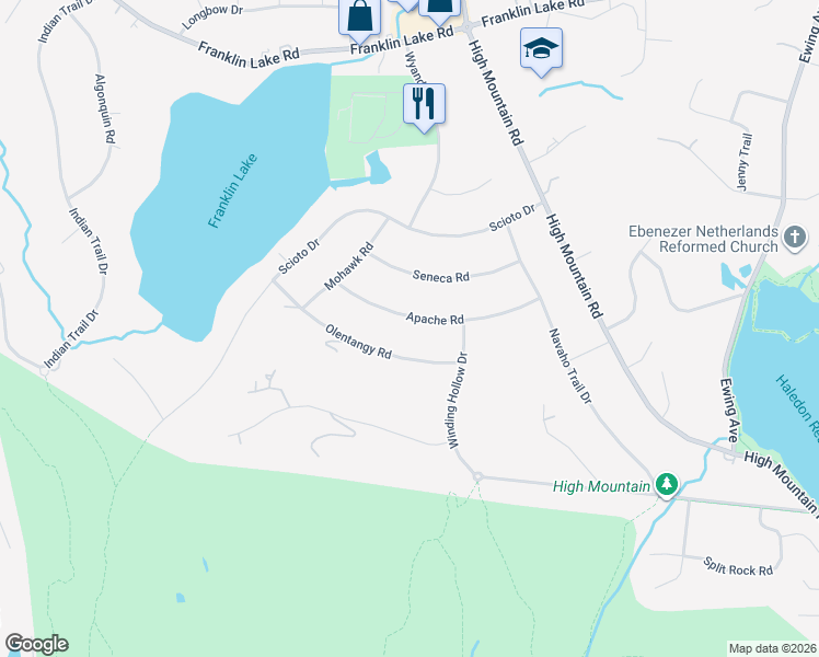 map of restaurants, bars, coffee shops, grocery stores, and more near 864 Apache Road in Franklin Lakes