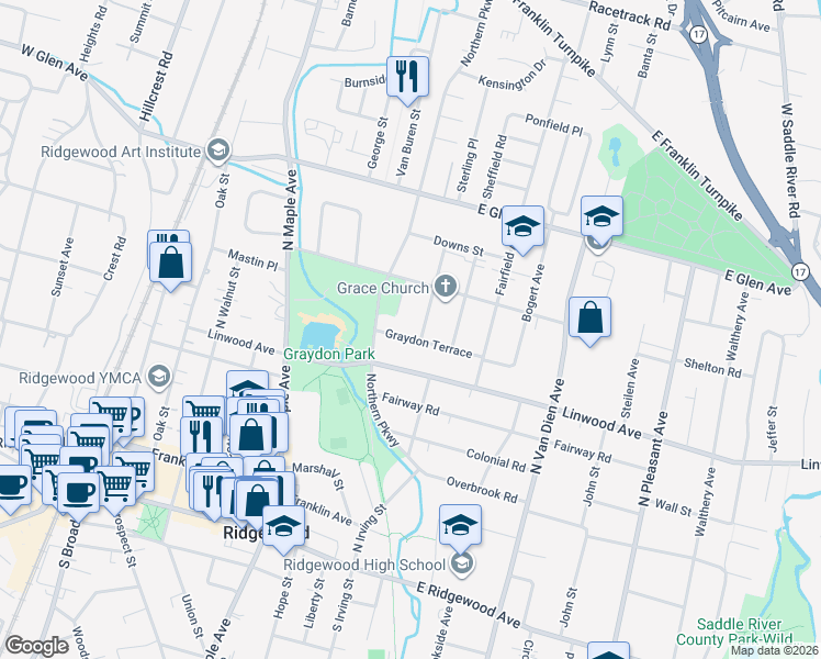 map of restaurants, bars, coffee shops, grocery stores, and more near 323 Graydon Terrace in Ridgewood