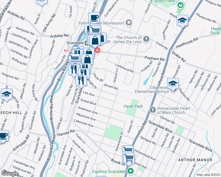 map of restaurants, bars, coffee shops, grocery stores, and more near 102 Brown Road in Scarsdale