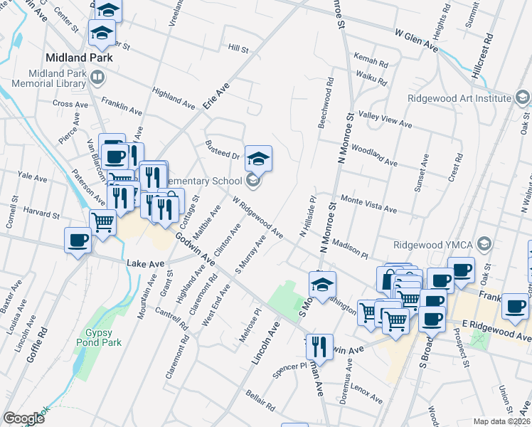 map of restaurants, bars, coffee shops, grocery stores, and more near 299 West Ridgewood Avenue in Ridgewood