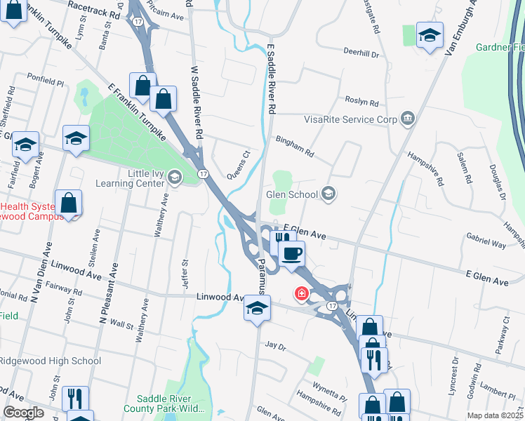 map of restaurants, bars, coffee shops, grocery stores, and more near 415 East Saddle River Road in Ridgewood