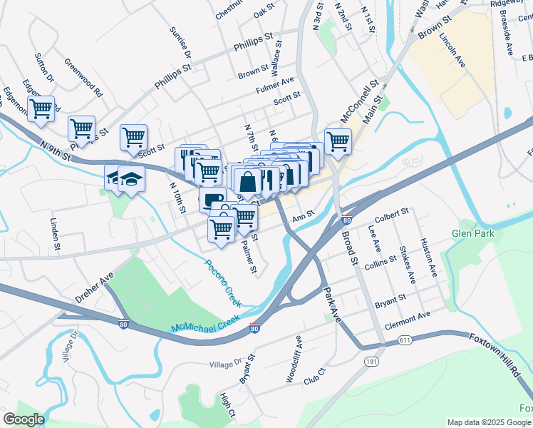 map of restaurants, bars, coffee shops, grocery stores, and more near 551 Thomas Street in Stroudsburg