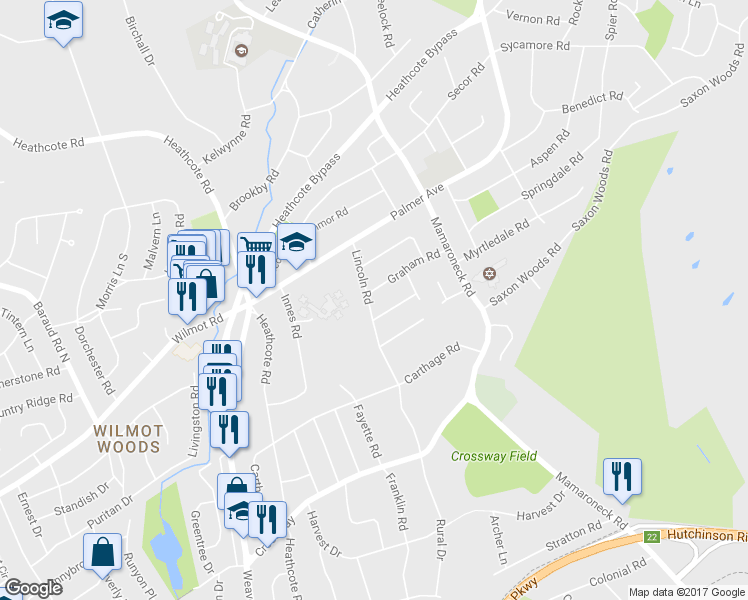 map of restaurants, bars, coffee shops, grocery stores, and more near 17 Lincoln Road in Scarsdale