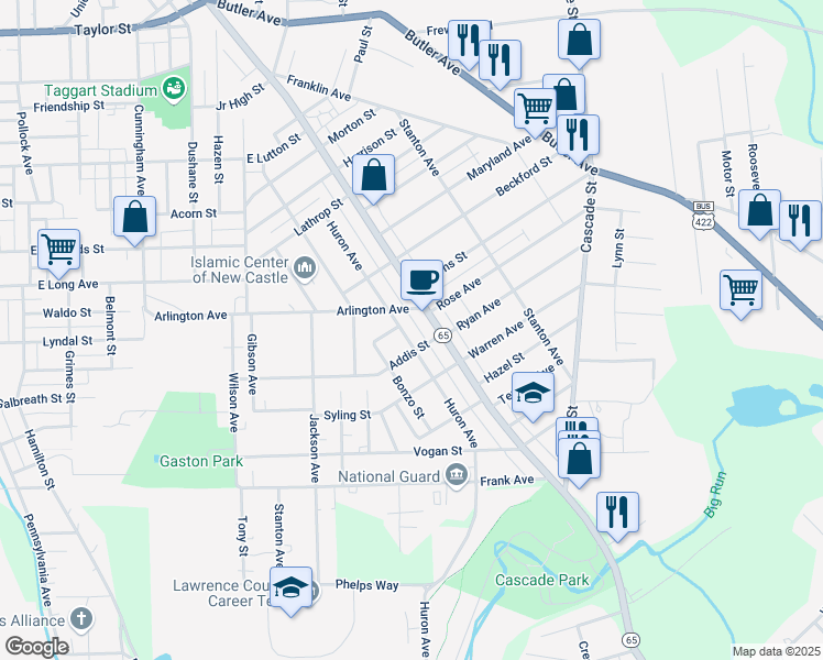 map of restaurants, bars, coffee shops, grocery stores, and more near 1413 Huron Avenue in New Castle