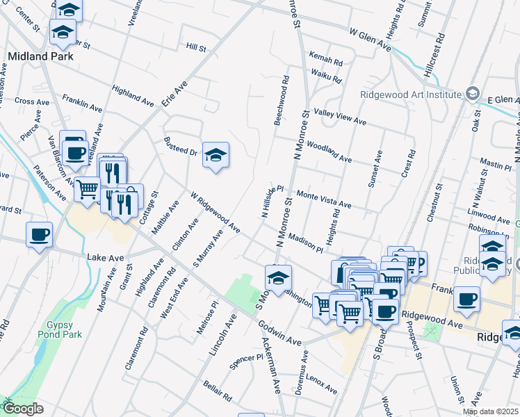 map of restaurants, bars, coffee shops, grocery stores, and more near 36 North Hillside Place in Ridgewood