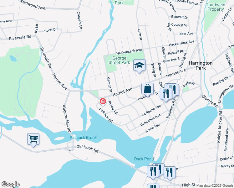 map of restaurants, bars, coffee shops, grocery stores, and more near 258 Harriot Avenue in Harrington Park