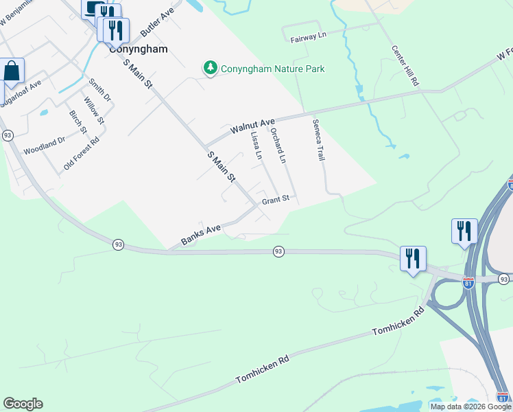 map of restaurants, bars, coffee shops, grocery stores, and more near 11 N Main St in Conyngham