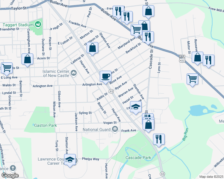 map of restaurants, bars, coffee shops, grocery stores, and more near 1419 Pennsylvania 65 in New Castle