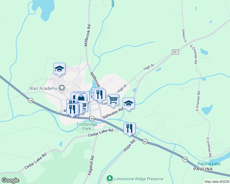 map of restaurants, bars, coffee shops, grocery stores, and more near 30 High Street in Hackettstown