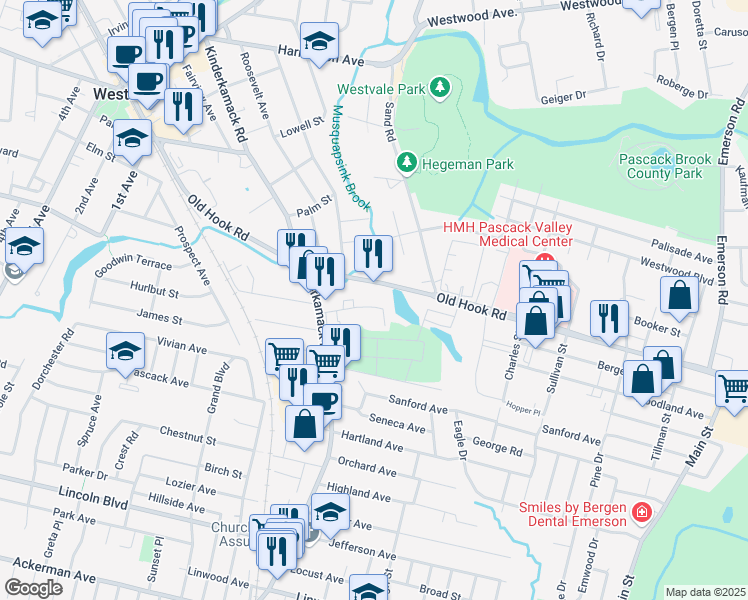 map of restaurants, bars, coffee shops, grocery stores, and more near 40 Crest Street in Westwood
