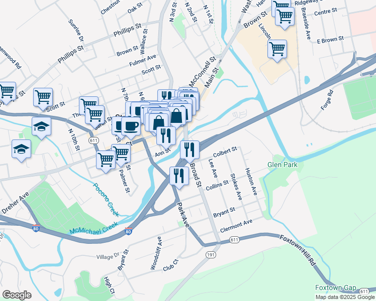 map of restaurants, bars, coffee shops, grocery stores, and more near 74 Broad Street in Stroudsburg