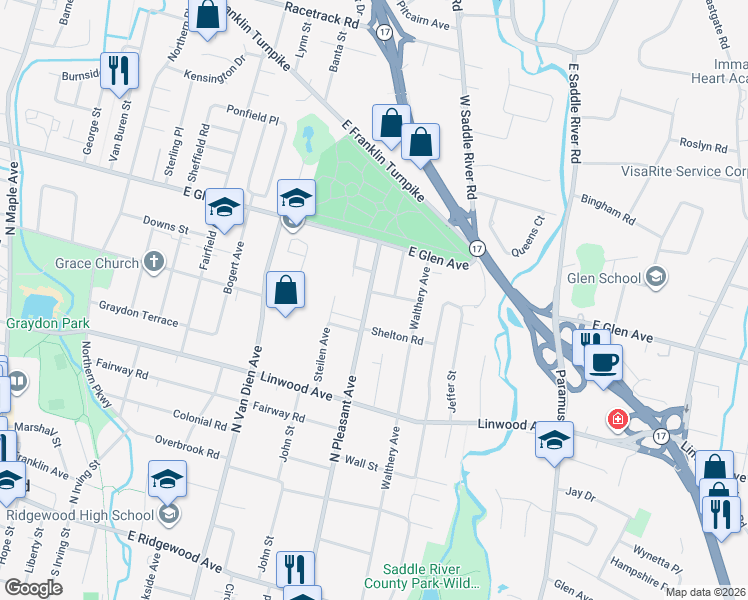 map of restaurants, bars, coffee shops, grocery stores, and more near 331 North Pleasant Avenue in Ridgewood