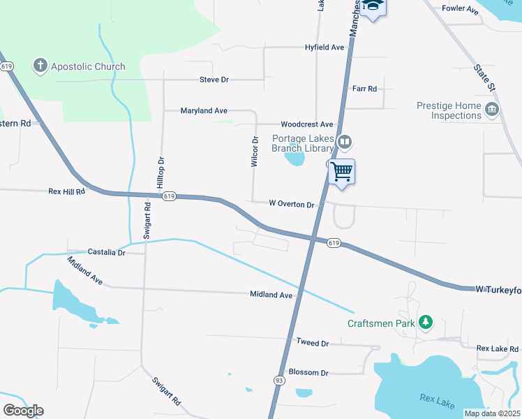 map of restaurants, bars, coffee shops, grocery stores, and more near 1154 West Overton Drive in Akron