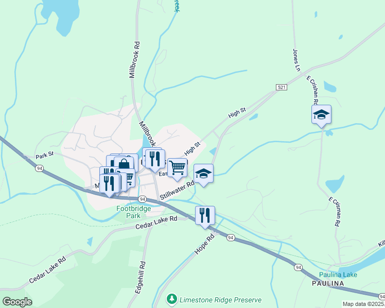 map of restaurants, bars, coffee shops, grocery stores, and more near 25 High St in Blairstown