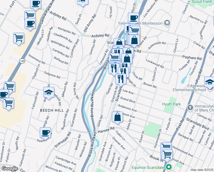 map of restaurants, bars, coffee shops, grocery stores, and more near 155 Garth Road in Scarsdale