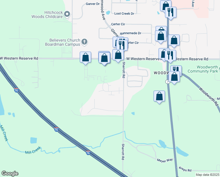 map of restaurants, bars, coffee shops, grocery stores, and more near 9264 Sharrott Road in Youngstown