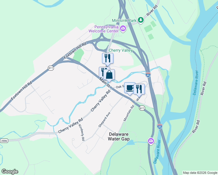 map of restaurants, bars, coffee shops, grocery stores, and more near 123 Pennsylvania 611 in Delaware Water Gap