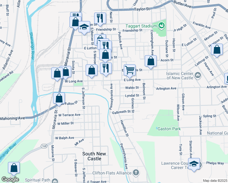 map of restaurants, bars, coffee shops, grocery stores, and more near 1324 Pennsylvania Avenue in New Castle