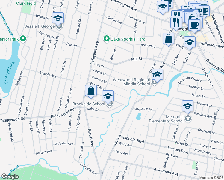 map of restaurants, bars, coffee shops, grocery stores, and more near 65 Euclid Avenue in Westwood