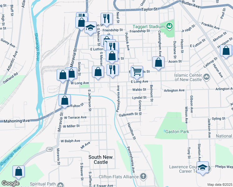 map of restaurants, bars, coffee shops, grocery stores, and more near 1324 Pennsylvania Avenue in New Castle