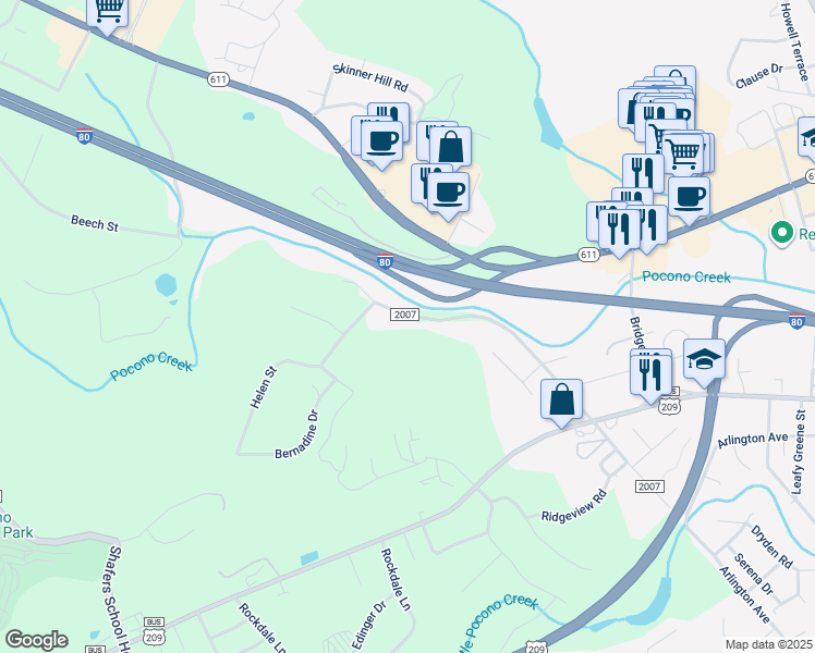 map of restaurants, bars, coffee shops, grocery stores, and more near 261 Tanite Road in Stroudsburg