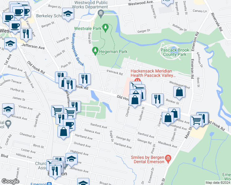 map of restaurants, bars, coffee shops, grocery stores, and more near 200 Old Hook Road in Westwood
