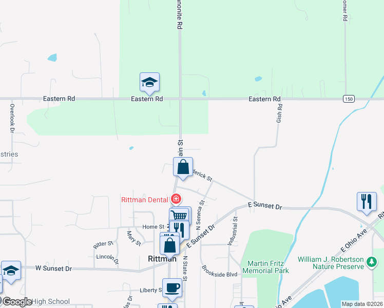 map of restaurants, bars, coffee shops, grocery stores, and more near 414 North Main Street in Rittman
