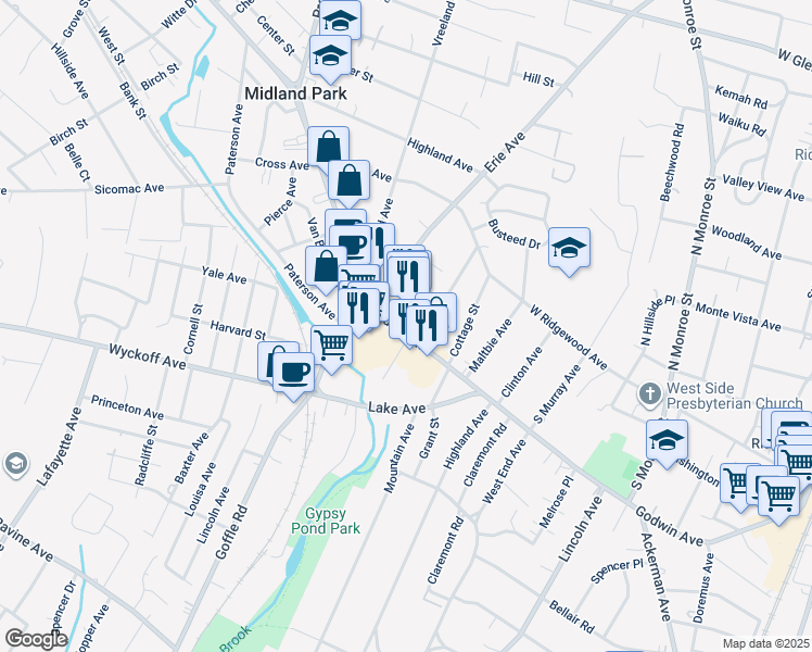 map of restaurants, bars, coffee shops, grocery stores, and more near 105 Godwin Avenue in Midland Park