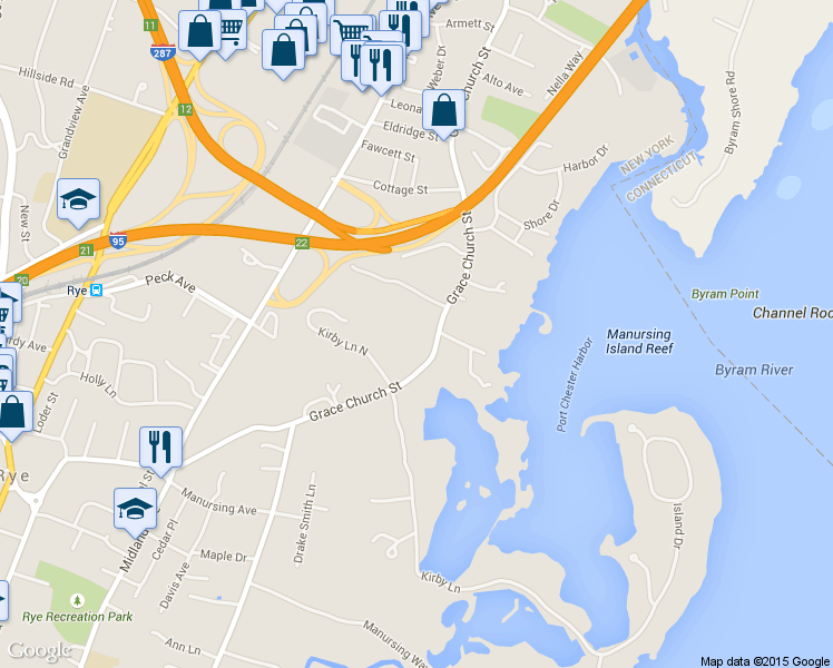 map of restaurants, bars, coffee shops, grocery stores, and more near 385 Grace Church Street in Rye
