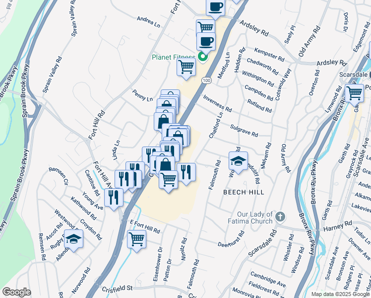 map of restaurants, bars, coffee shops, grocery stores, and more near 2588 Central Park Avenue in Yonkers