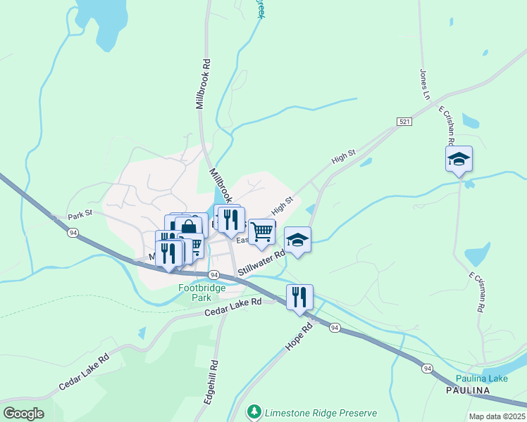 map of restaurants, bars, coffee shops, grocery stores, and more near 34 High Street in Newton