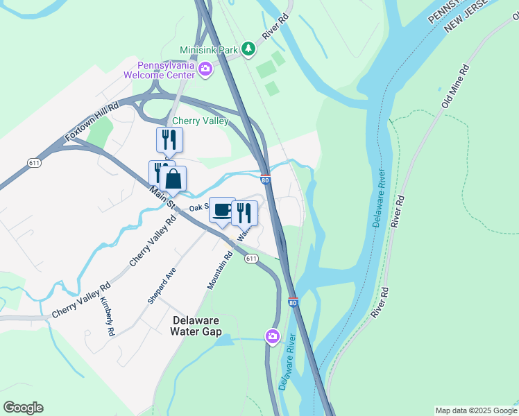 map of restaurants, bars, coffee shops, grocery stores, and more near Waring Drive in Delaware Water Gap