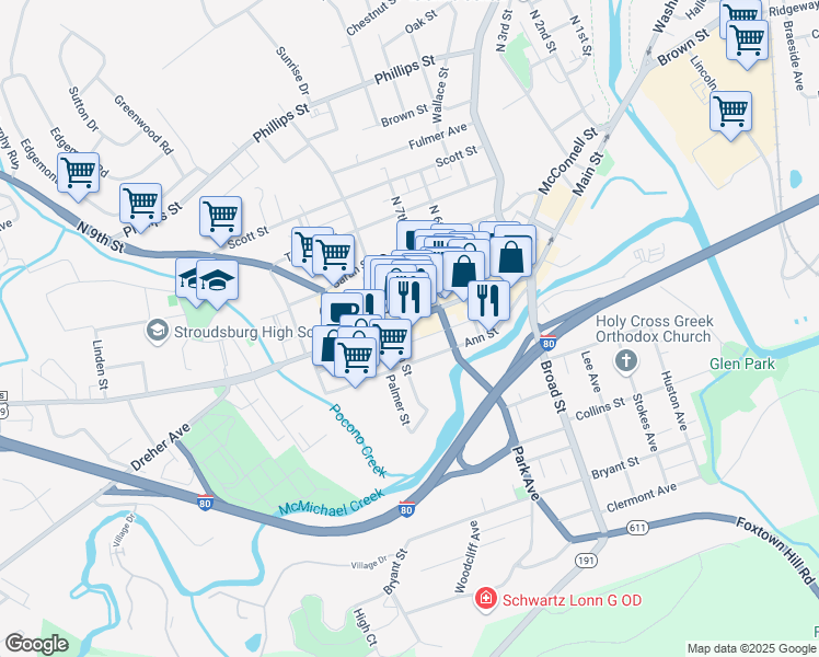 map of restaurants, bars, coffee shops, grocery stores, and more near 745 Main Street in Stroudsburg
