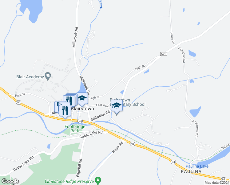 map of restaurants, bars, coffee shops, grocery stores, and more near 25 High Street in Blairstown