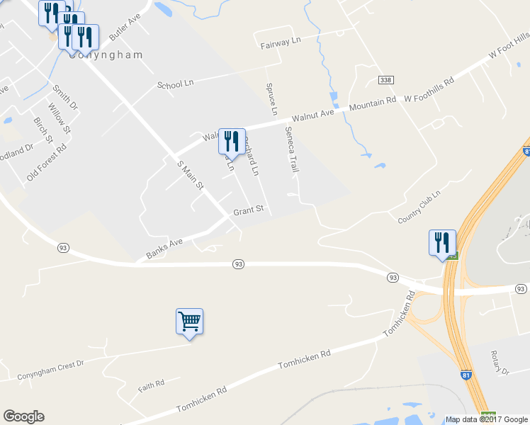 map of restaurants, bars, coffee shops, grocery stores, and more near 13 Grant St in Conyngham
