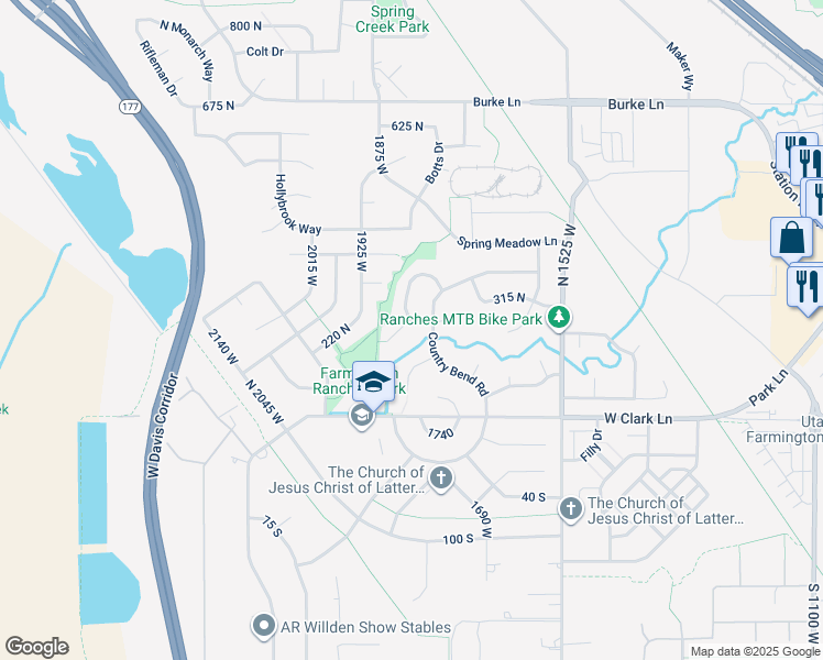 map of restaurants, bars, coffee shops, grocery stores, and more near 1851 West Frontier Circle North in Farmington