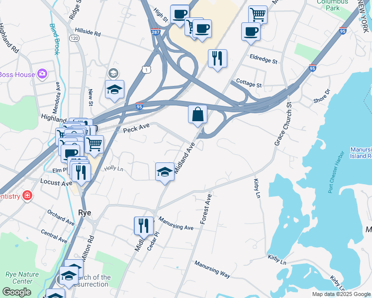 map of restaurants, bars, coffee shops, grocery stores, and more near 70 Peck Avenue in Rye