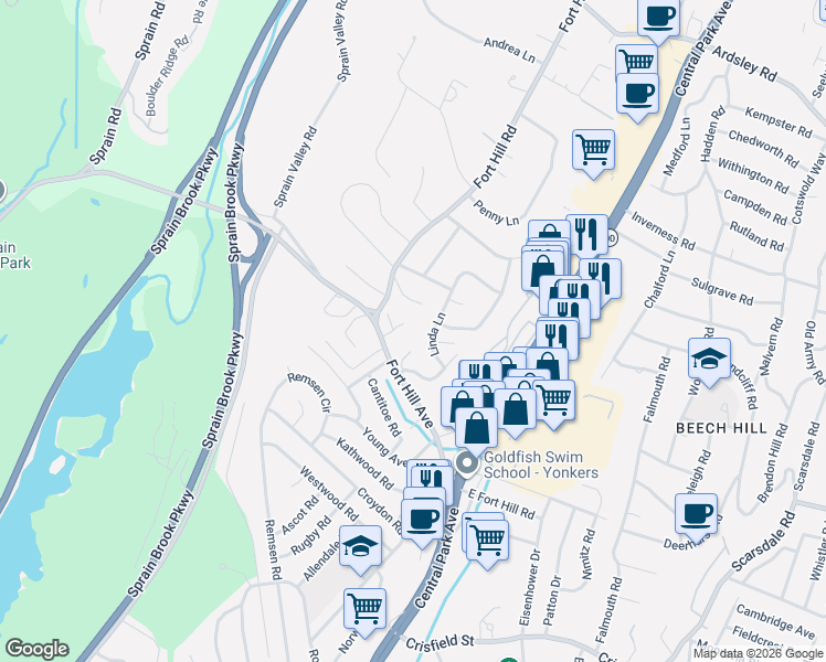 map of restaurants, bars, coffee shops, grocery stores, and more near 27 Linda Lane in Yonkers