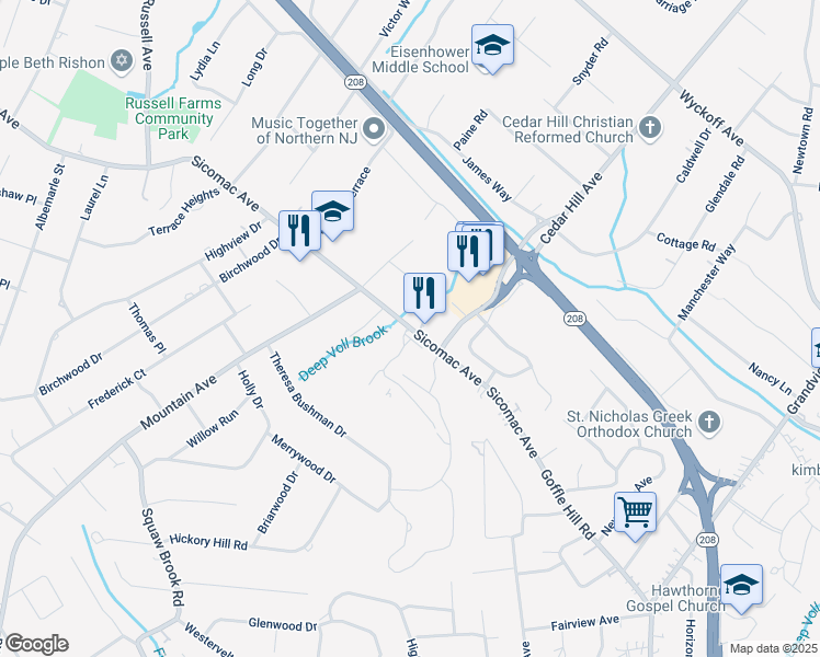 map of restaurants, bars, coffee shops, grocery stores, and more near 301 Sicomac Avenue in Wyckoff