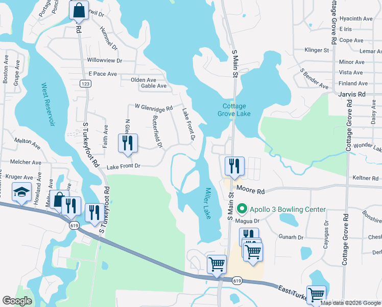 map of restaurants, bars, coffee shops, grocery stores, and more near 118 Lake Front Drive in Akron