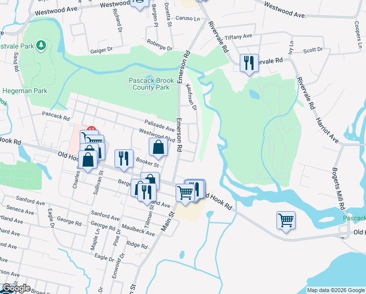 map of restaurants, bars, coffee shops, grocery stores, and more near 59 Emerson Road in Westwood