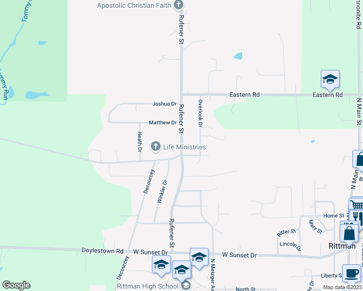 map of restaurants, bars, coffee shops, grocery stores, and more near 449 Rufener Street in Rittman